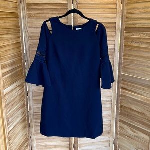 (12) Eliza J Navy Blue Dress Office Bell Sleeves with Lace details cold shoulder
